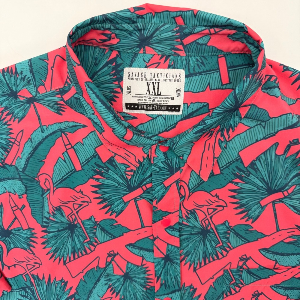 Savage Tacticians Shirt Men XXL Pink Flamingo Tactical Rifle Tropical Button Up